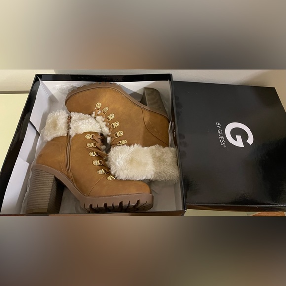 G by Guess Ankle Boots, faux fur tops, stacked 3 inch chunky heel. - Picture 2 of 6